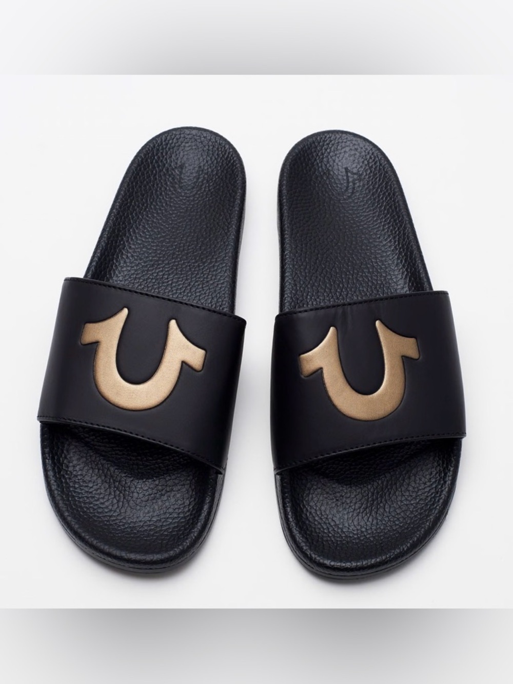 True Religion Black Slide Sandals Size 43 Gold Horseshoe Logo